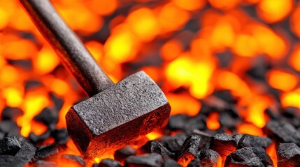 Forged in fire: hammer resting on glowing coals in a blacksmith's forge - Powered by Adobe