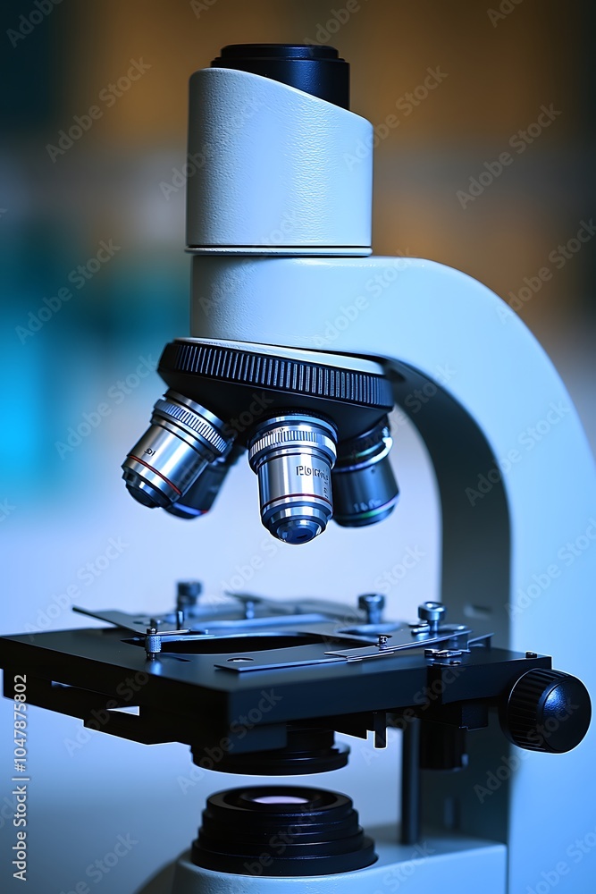 Poster a close-up of a microscope, emphasizing its structure and functionality for scientific observation.