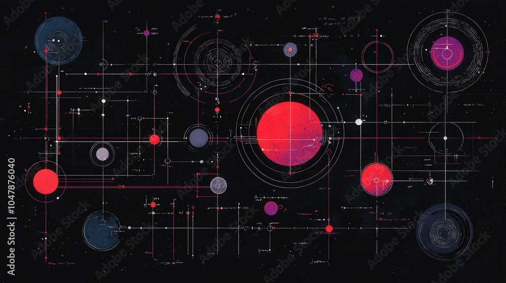 Poster abstract celestial diagram with interconnected circles and lines on dark background