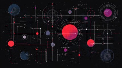 Abstract celestial diagram with interconnected circles and lines on dark background