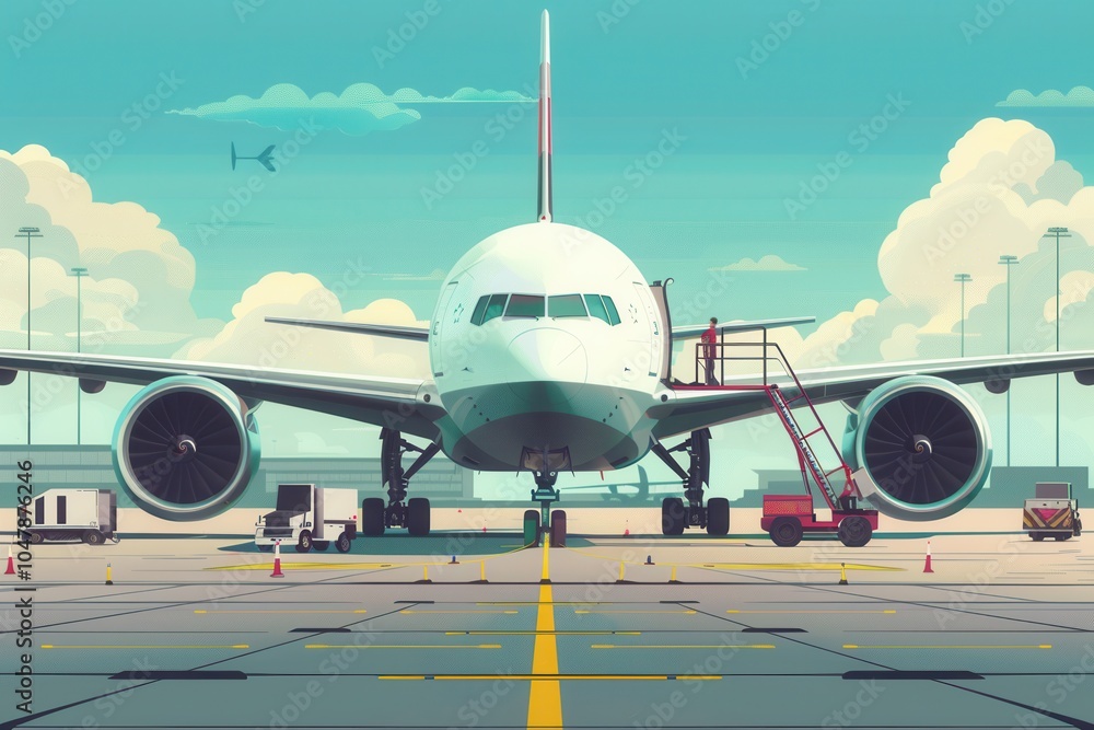 Poster a cargo airplane is positioned on the runway, with various loading and unloading equipment working a