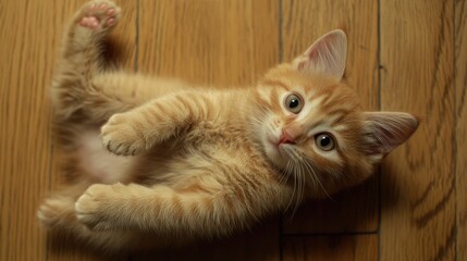 Playful Orange Kitten on Wooden Floor
