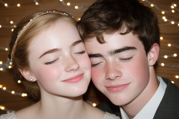 young couple with closed eyes against bokeh lights background romantic moment