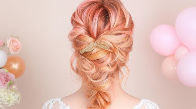 Elegant bridal hairstyle with rose gold hair and floral decor
