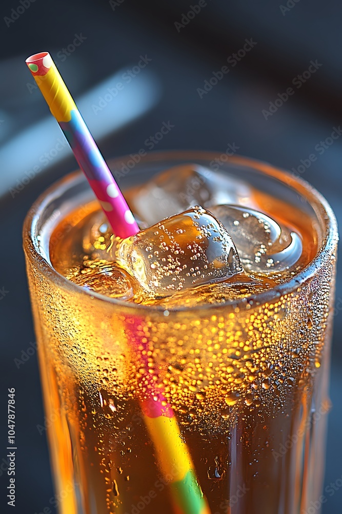 Poster a close-up of a refreshing beverage with ice and a colorful straw.