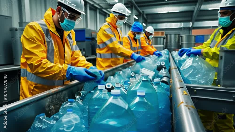Poster Several workers are actively sorting various types of plastic waste on a conveyor belt at a recycling facility, wearing protective gear to ensure safety and hygiene.