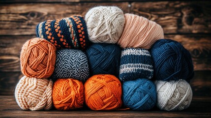 Colorful yarn balls arranged in a rustic setting with cozy knitting patterns