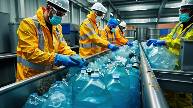 Several workers are actively sorting various types of plastic waste on a conveyor belt at a recycling facility, wearing protective gear to ensure safety and hygiene.