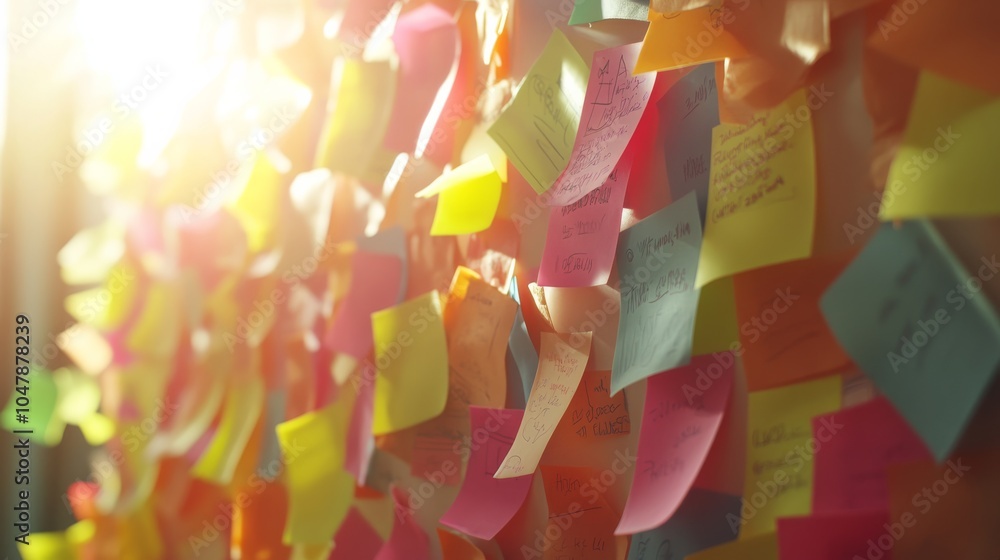 Poster a colorful array of sticky notes illuminated by sunlight, showcasing creativity, organization, and b