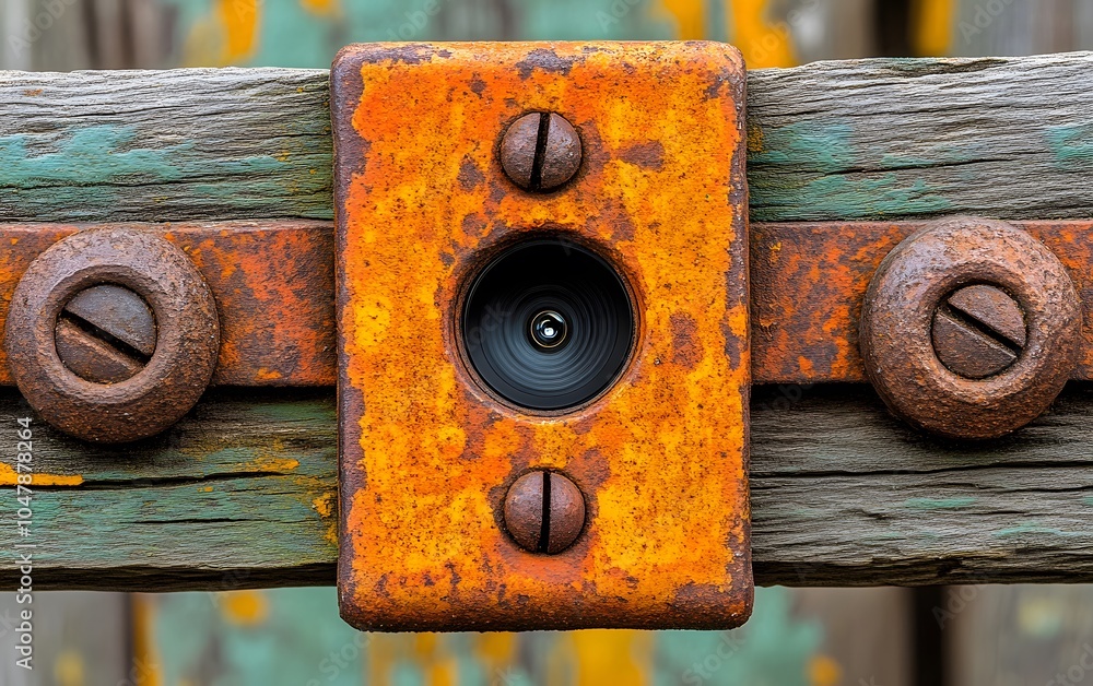Poster a close-up of a rusted metal bracket with a camera lens embedded in it.
