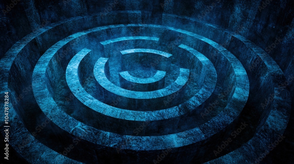 Poster mysterious blue stone maze with concentric circular patterns