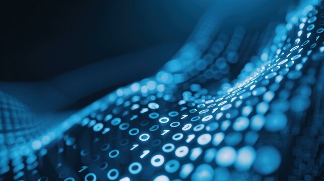 Experience the fusion of tech and art in this binary code visualization, featuring glowing dots on a serene blue backdrop.