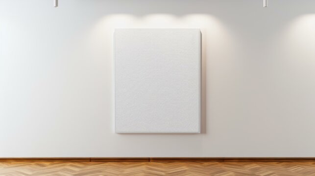 A minimalistic blank poster framed and lit in an art gallery, showcasing the essence of creativity on a wooden floor.