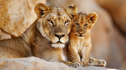 Obraz premium A lioness nurtures her playful cub in the wild, showcasing the beauty of animals in their natural habitat.