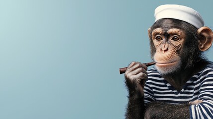 Chimpanzee in sailor outfit pondering with pipe against blue backdrop