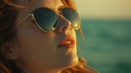 A radiant woman enjoys the sun, her stylish sunglasses reflecting the warmth of the season and her vibrant smile.