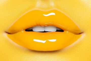 close up of bright yellow glossy lips on yellow background