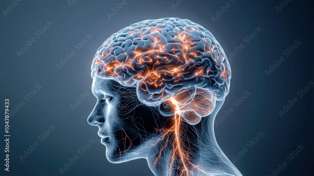 Poster human brain with neural activity visualization on dark background