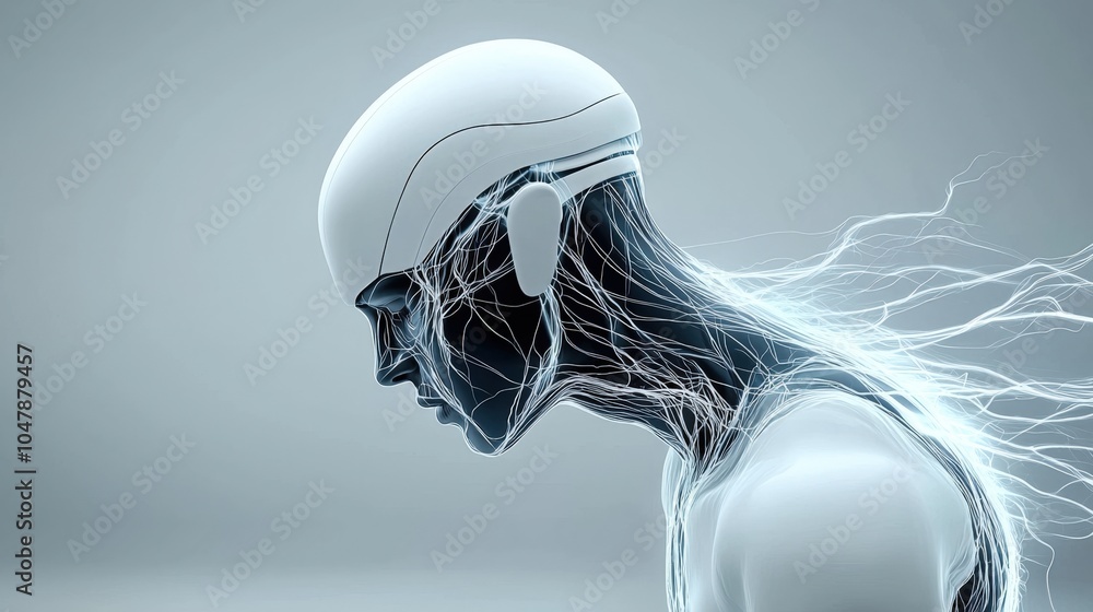 Poster futuristic cyborg with neural connections in a minimalistic setting