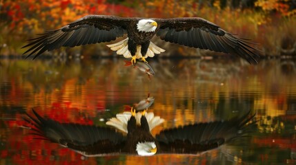 Obraz premium Bald Eagle in Flight with Fish Over Autumnal Water