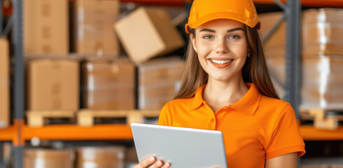 A driven female entrepreneur uses a tablet in a warehouse to efficiently explore and select products for delivery.