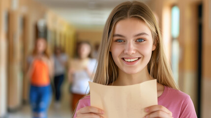 Happy student celebrates test success with friends in a lively lobby atmosphere, showcasing her impressive results.