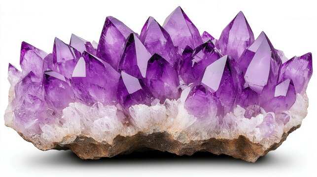 Stunning purple amethyst crystal cluster on white background