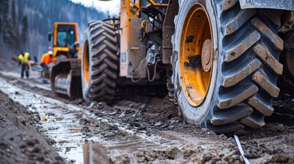 A team of workers replacing worn blades on a road grader improving its ability to level and smooth the ground for construction projects.