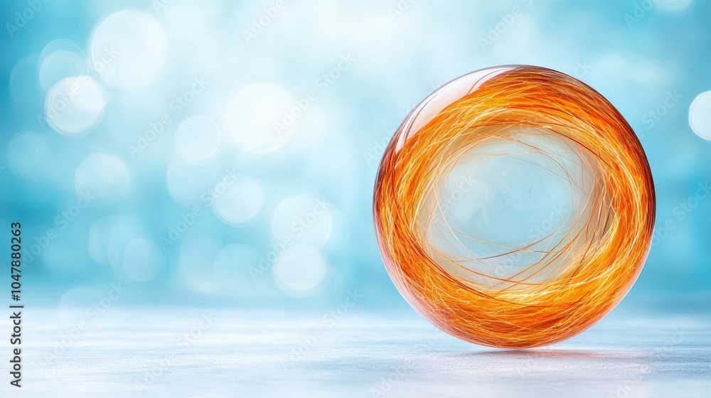 Poster fiery abstract sphere with swirling patterns on a soft blue background