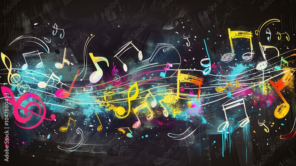 Poster colorful brushstrokes and musical notes fill a chalkboard, reflecting a lively atmosphere of artisti