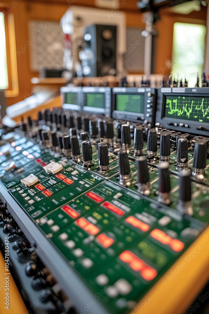 Poster a close-up of a sound mixing console showcasing various controls and screens for audio production.