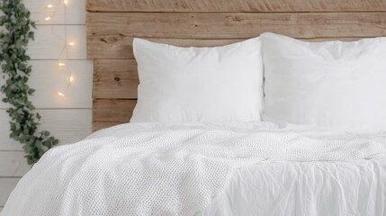 Cozy minimalist bedroom with white bedding and rustic wooden headboard
