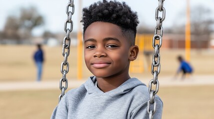 Smiling child on a swing in a sunny park setting