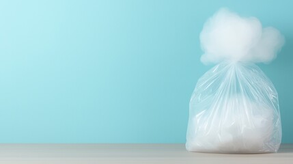 Cloud in a plastic bag on wooden surface against turquoise background