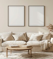 「ベージュの壁に2つの空白の写真立てモックアップのあるミニマルリビングルームインテリア。快適なベージュのソファ。木製コーヒーテーブル」