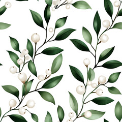 Fototapeta premium A lush pattern featuring green leaves and white berries set against a white background, creating a striking and elegant visual.