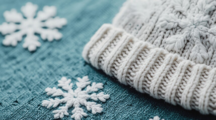 cozy woolen hat rests on textured blue surface, surrounded by delicate snowflakes, evoking serene winter atmosphere
