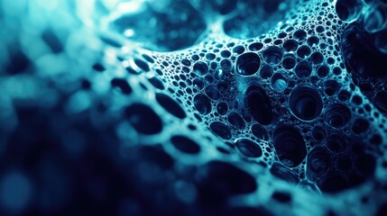 Close-up of Interconnected Bubbles in a Blue Liquid