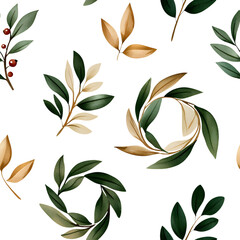 A vibrant pattern featuring various green and cream-colored leaves against a white background, showcasing a natural and elegant design.