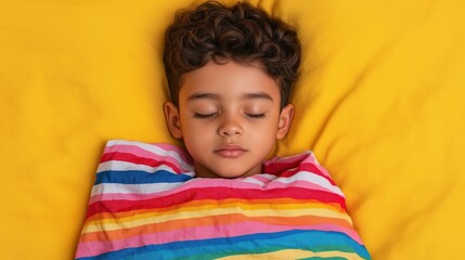 Obraz premium Peaceful sleep: child wrapped in rainbow blanket on yellow background