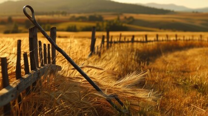 A Metal Hook Leaning Against a Wooden Fence in a Field of Tall Grass