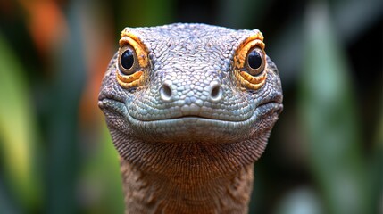 Fototapeta premium Close-up portrait of a lizard with yellow eyes looking directly at the camera.
