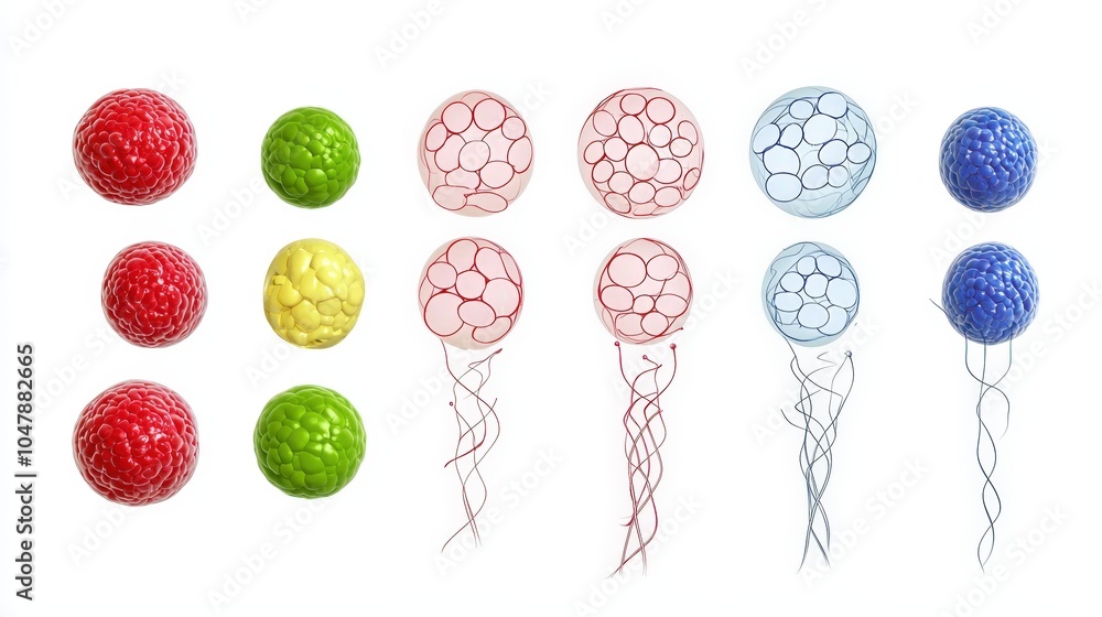 Poster evolution of cells: stages of division with vivid colors and intricate patterns