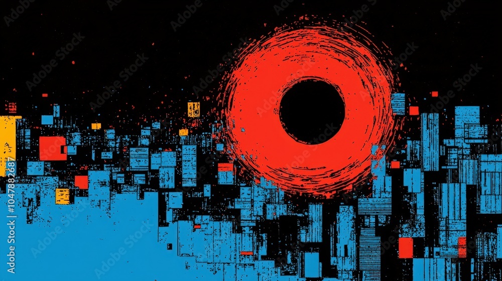 Poster abstract urban metropolis with striking red vortex over geometric structures