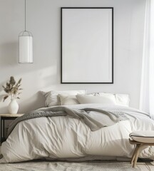 「ミニマルなベッドルームのインテリア。壁に飾ったキャンバスにデザインを施すことができます。ベッドのある北欧スタイルのベッドルームの3Dレンダリング」