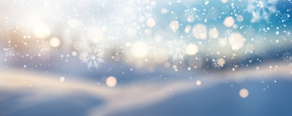 Fototapeta premium Snowflakes On Snow With Bokeh Of Christmas Lights