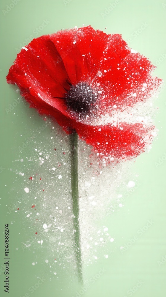 Poster vibrant red poppy flower exploding in a splash of color on light green background