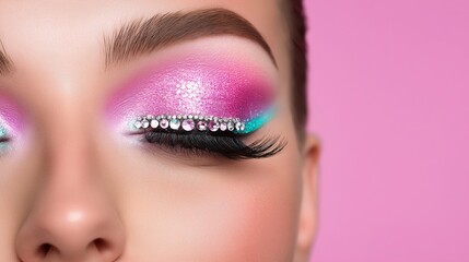 Glamorous eye makeup with rhinestones and glitter on pink background