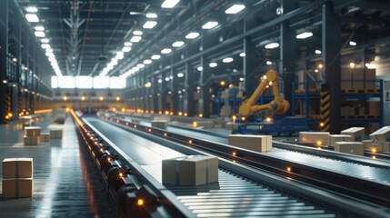 Naklejka premium Automated Conveyor System in a Modern Warehouse with Robotic Arm