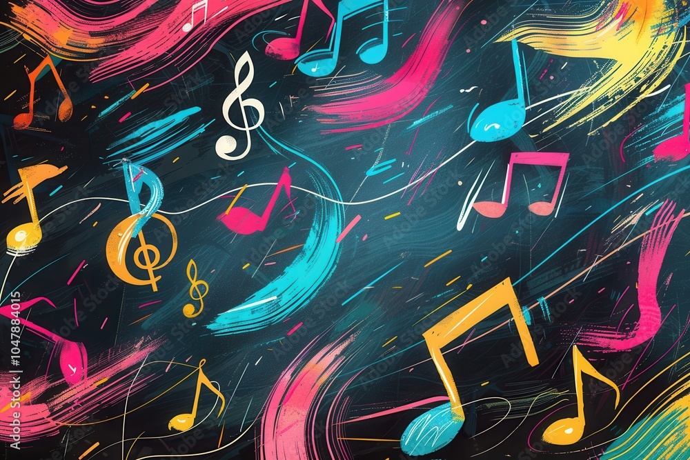 Aufkleber a chalkboard showcases vibrant brushstrokes in bold colors, intertwined with dynamic musical notes a
